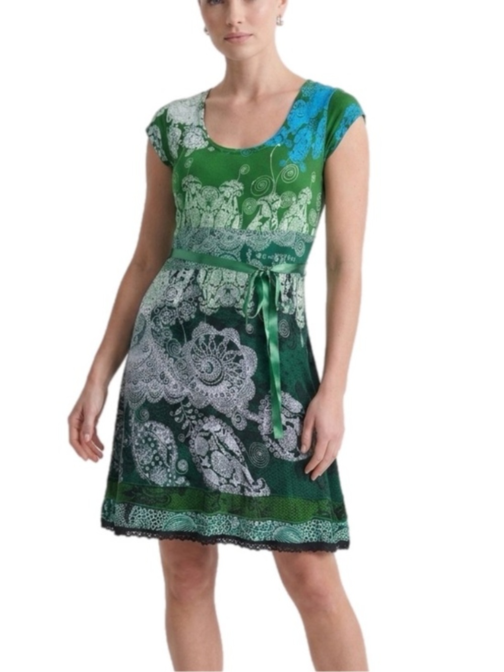 Desigual | Green Paisley Scoop-Neck Belted Midi Dress Black Lace Hem